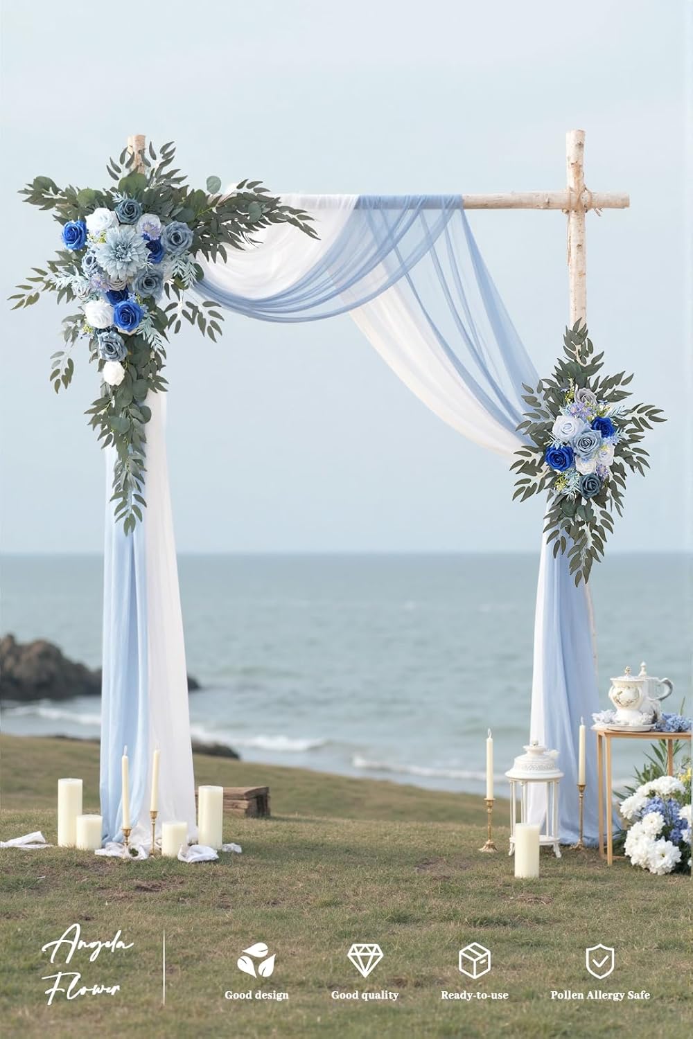 Deluxe Wedding Arch Flowers with Drapes Kit Pack of 4, 2pcs Blue & Grey Hanging Silk Flowers Arrangement 2pcs Chiffon Drapes for Ceremony Arbor Party Outdoor Decor