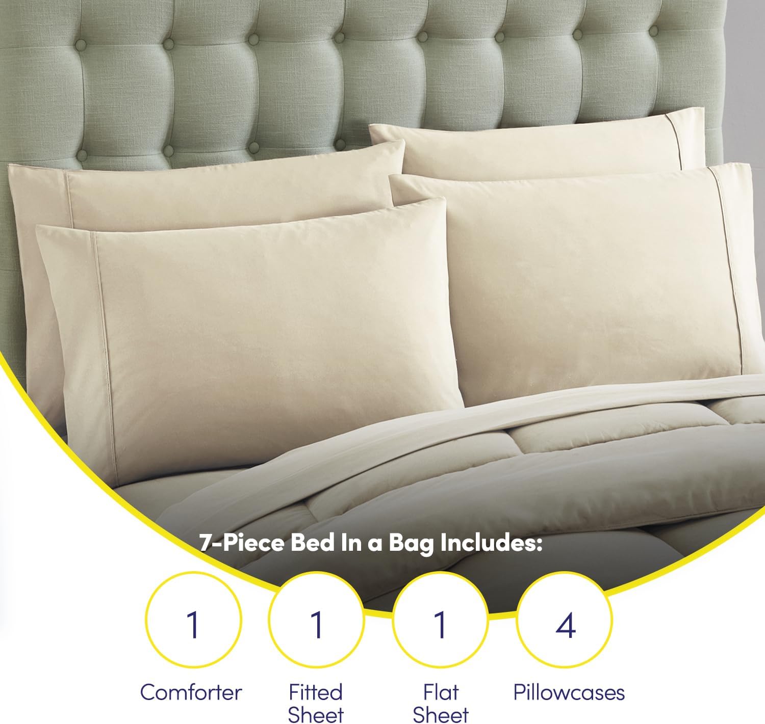 Sweet Home Collection 7 Piece Comforter Set Bag Solid Color All Season Soft Down Alternative Blanket & Luxurious Microfiber Bed Sheets, Beige, Full - Image 6