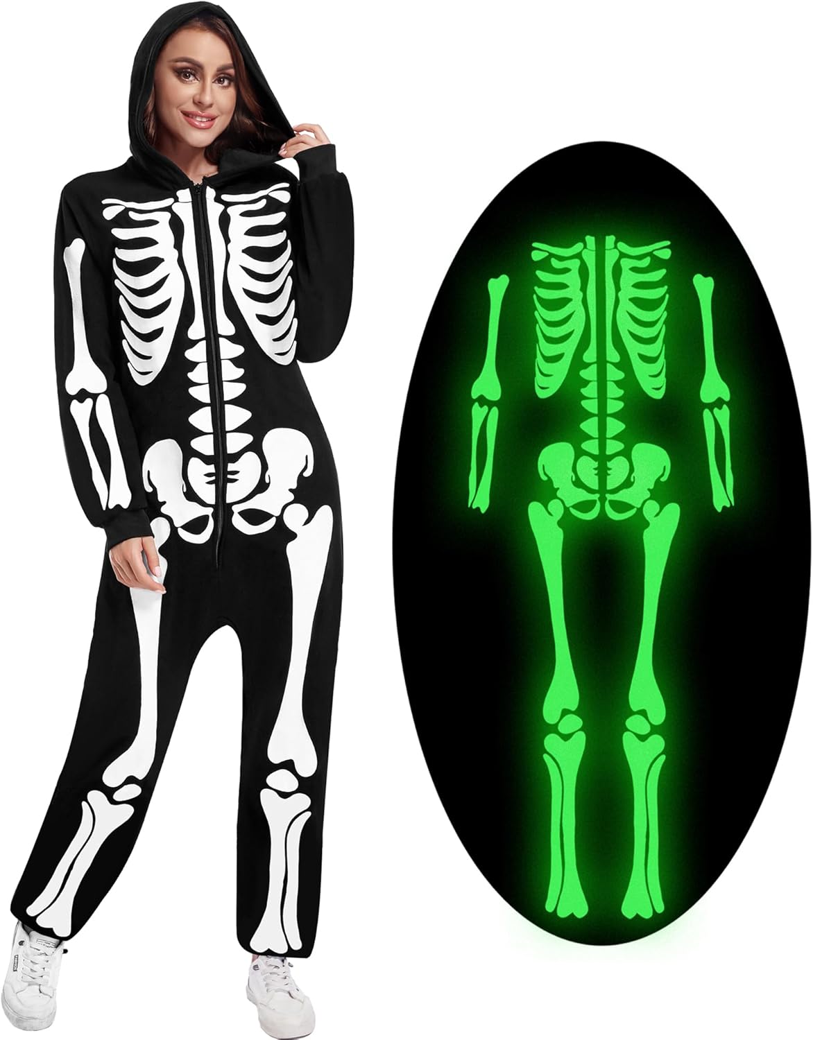 Women Men Skeleton Costume Adult Glow in the Dark Skeleton Jumpsuit for Halloween Costume
