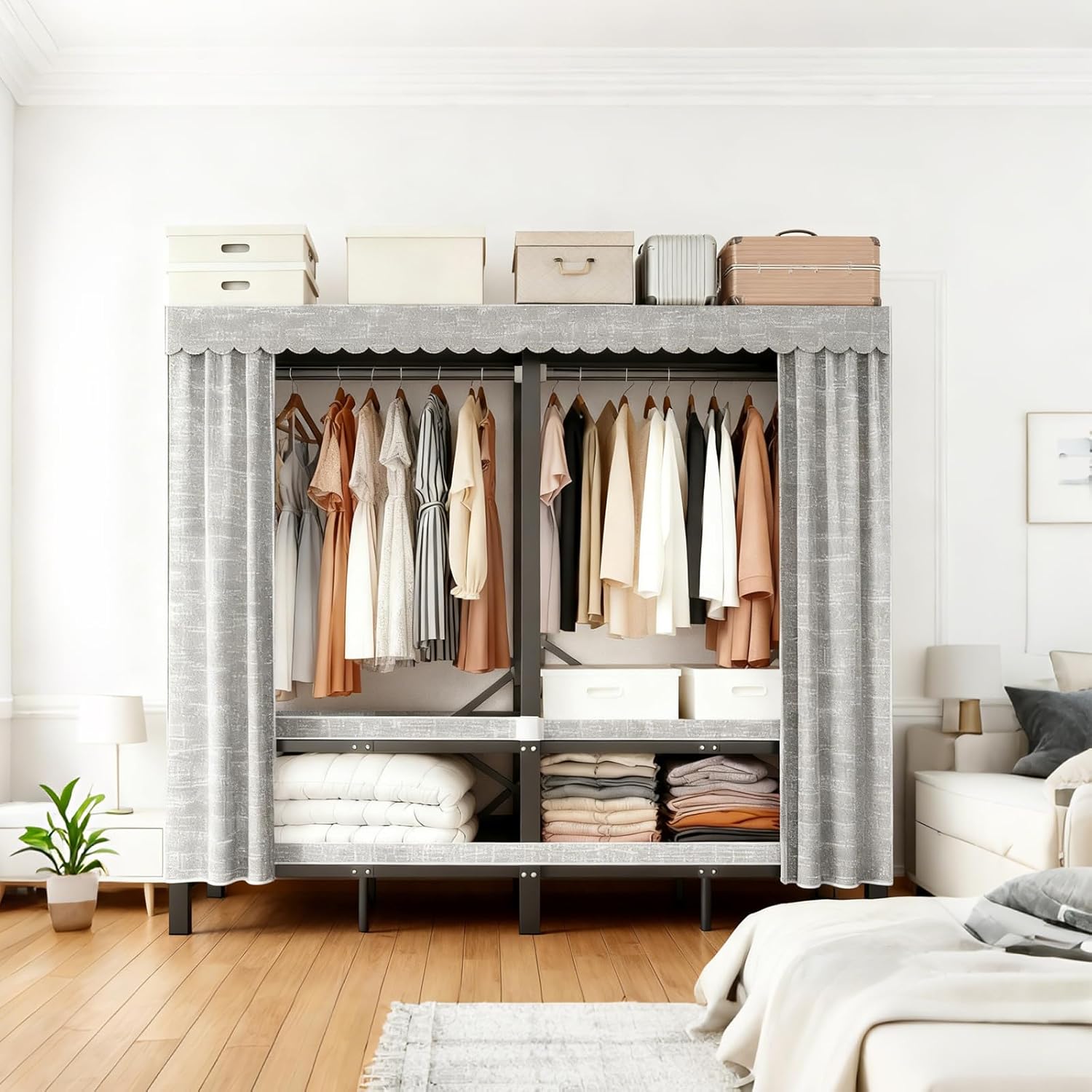 95.3in Heavy Duty Portable Closet, Foldable Wardrobe Closet with Cover, Metal Clothing Shelves for Clothes Organizers and Storage, for Bedrooms, Apartments, Rental Properties (Grey, 95.3in)