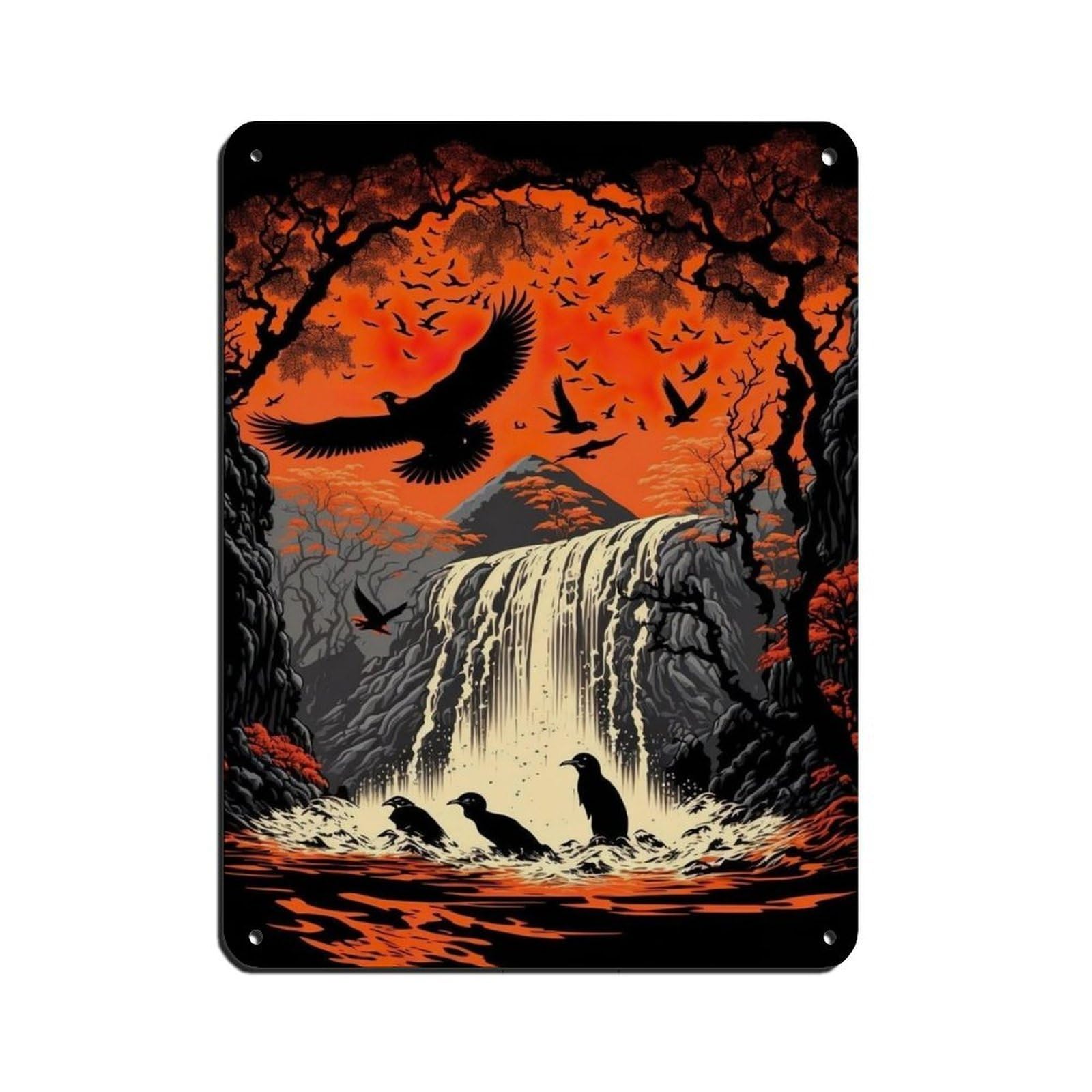 Lxwnze 30L X 40W Cm Birds By The Waterfall,Ukiyo-E Art Poster Retro Poster Metal Tin Sign Chic Art Retro Iron Painting Bar People Cave Cafe Family Garage Poster Wall Decoration 12X16inch(30X40cm)