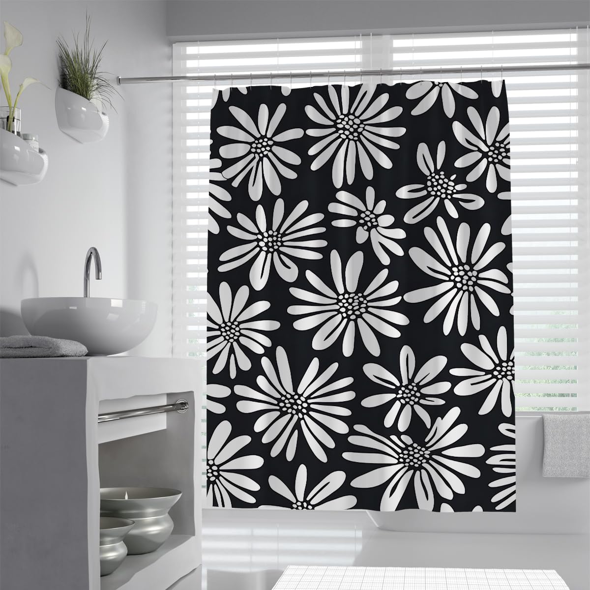 UIRINGART Minimalist Black White Daisy Shower Curtain W180xL220cm Retro Floral Pattern Anti Mould Waterproof Rustproof Grommets Bathroom Curtain With Hooks
