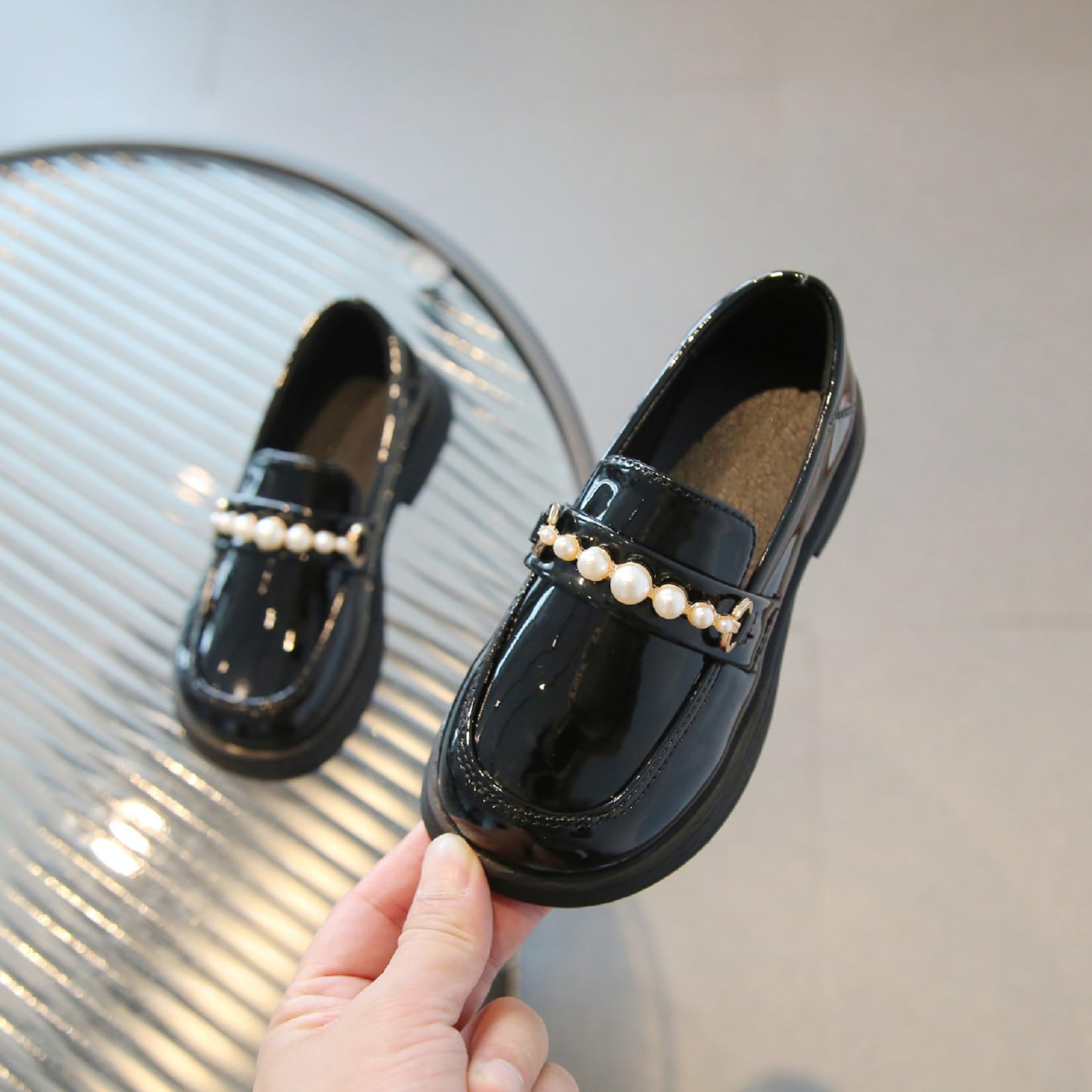 Zapatos Mocasín Elegantes de Niña con Perlas Charol sin Cordones Tallas 22-36