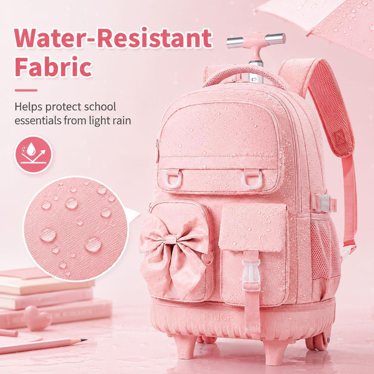 3Pcs Rolling Backpack for Girls Women, School Kids Roller Bookbag with Wheels, Wheeled Backpacks Set for Elementary (Pink)