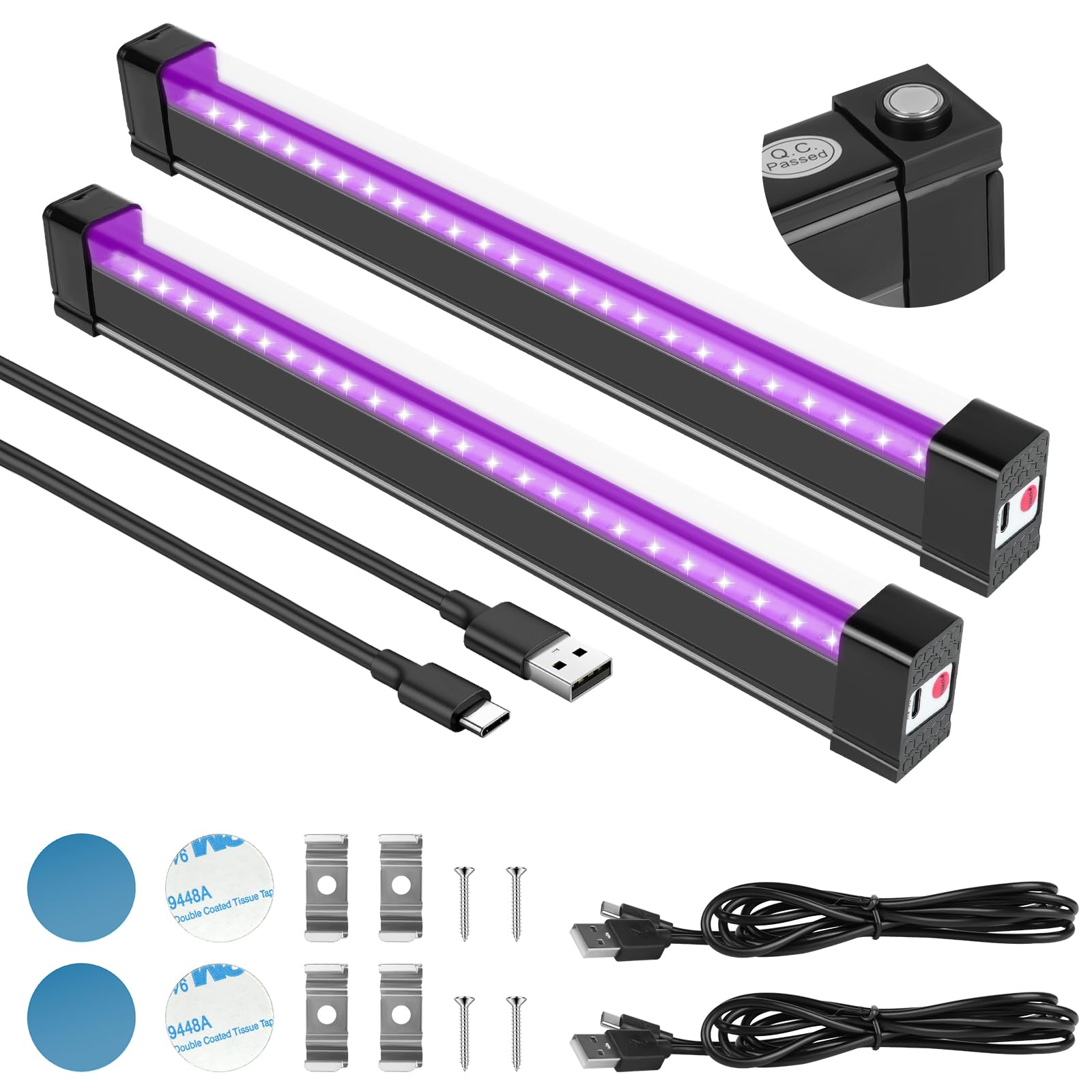 URAQT Tube LED Lumière Noire 5W - Lot De 2 - 24 LEDs UV Rechargeable Pour Halloween Et Soirées