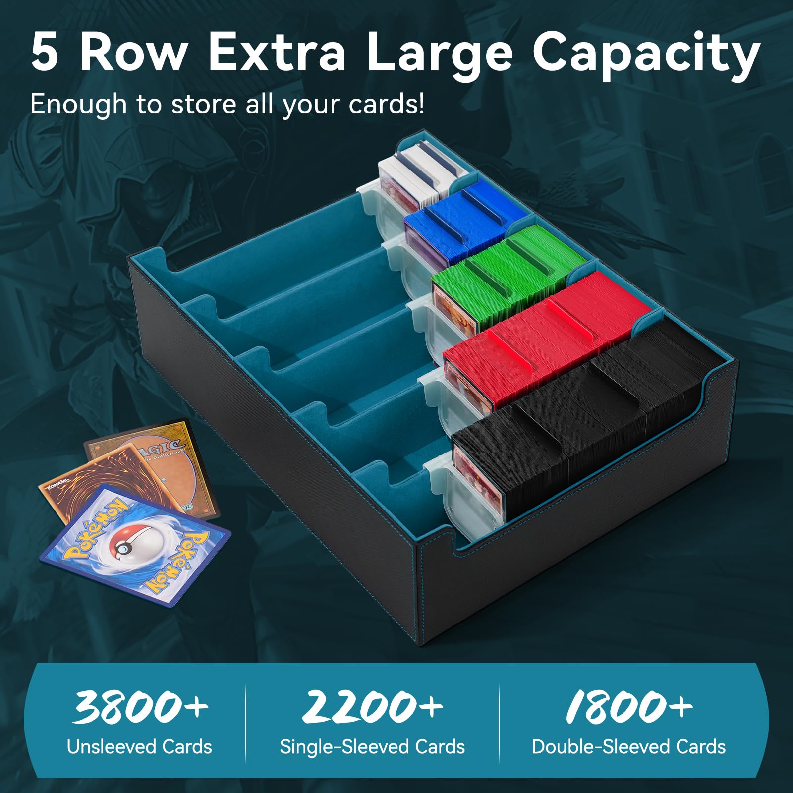 Trading Card Storage Box, 3800+ with 20 Colorful Dividers&5 Supporters, Leather Magnetic Closure Storage Box, Card Deck Box for YuGiOh, MTG, Black/Cyan