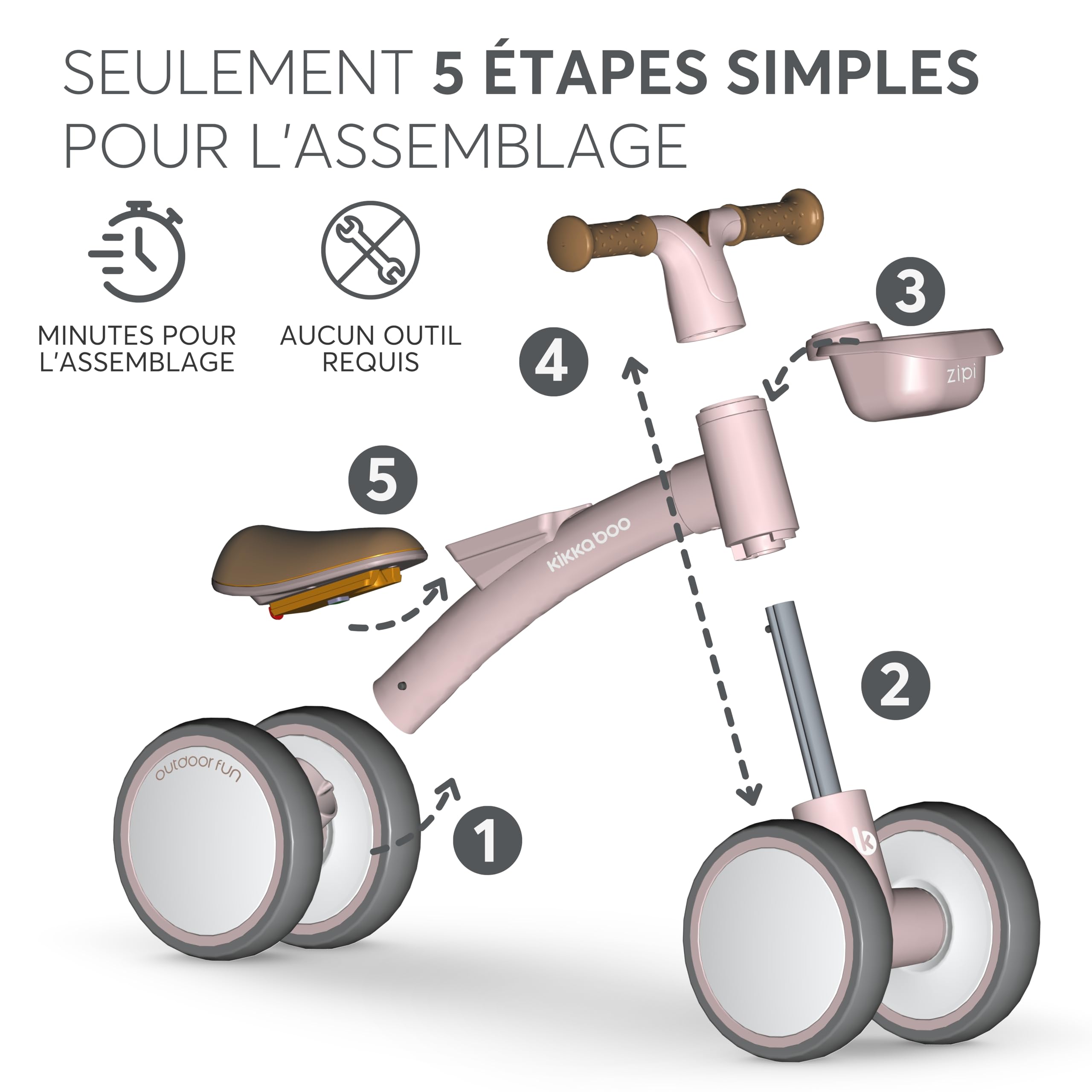 KikkaBoo Vélo sans pédales ZIPI, vélo d'équilibre bébé 1-3 Ans avec Panier réglable