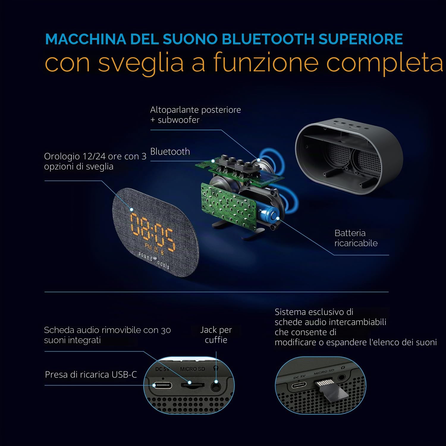 Oasi Sonora Sveglia Bluetooth Tinnitus Sound Therapy BST-150T - dormire meglio, gestire e mascherare l'acufene, 30 suoni integrati