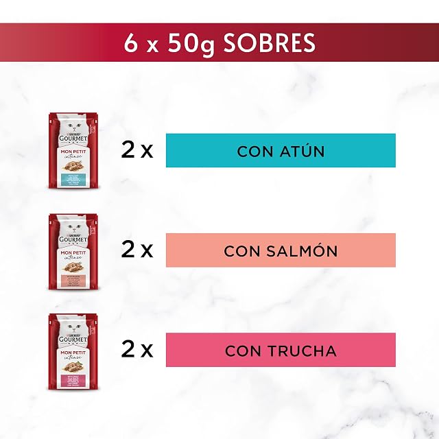 Foto 5 de 8 de GOURMET Mon Petit, Comida Húmeda para Gato Adulto, Trocitos en Salsa, Surtido de Atún, Salmón y Trucha