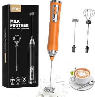 Rechargeable Milk Frother Handheld, IP67 Waterproof Coffee Frother with Digital Battery Display, 3-Speed Electric Milk Frother for Coffee, Latte, Cappuccino, Matcha, Protein Shakes & Eggs (Orange)