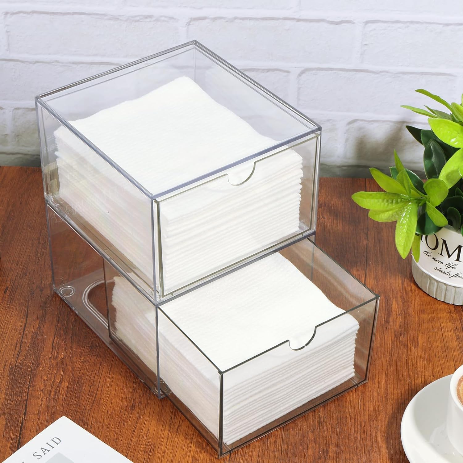 Rainmae 2 Pack Disposable Face Towel Holder, Face Towel Storage Box, Stackable Clear Makeup Organizer with Drawer for Clean Skin Club Face XL Towels Holder for Vanity Bathroom and Makeup Organization - Image 7