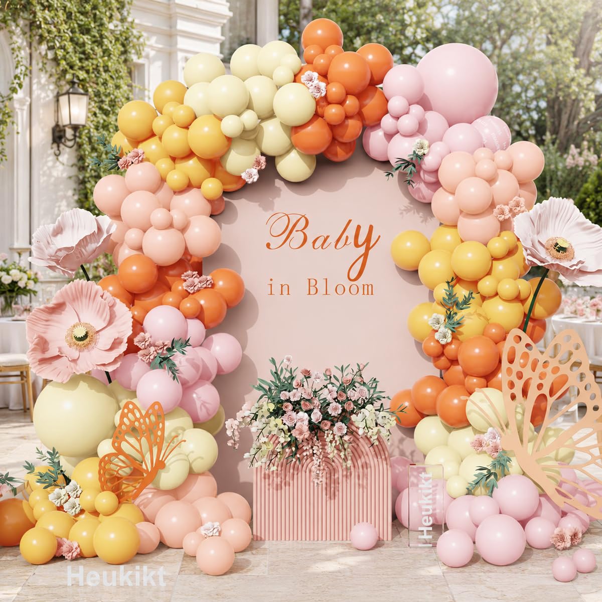 Photo 1 of 160Pcs Pink Yellow Orange Balloon Garland Arch Kit, Pastel Pink and Yellow Latex Balloons for Baby In Bloom Birthday Bee Bear Lemon Theme Groovy Thanksgiving Harvest Party Decorations