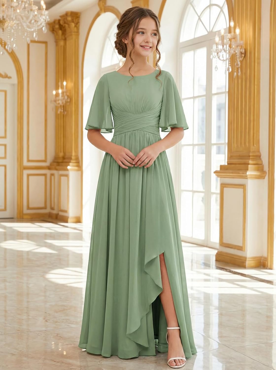 Rlweus Junior Bridesmaid Dresses for Wedding Chiffon Off-Shoulder Flower Girl Dress Teen Girls Formal Wedding Party Gowns
