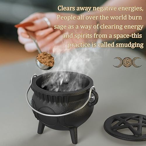Miniatura 2 de Caldero de hierro fundido con tapa y asa, pequeño caldero de hierro fundido de triple luna, quemador de incienso de brujería, ideal para cocinar,