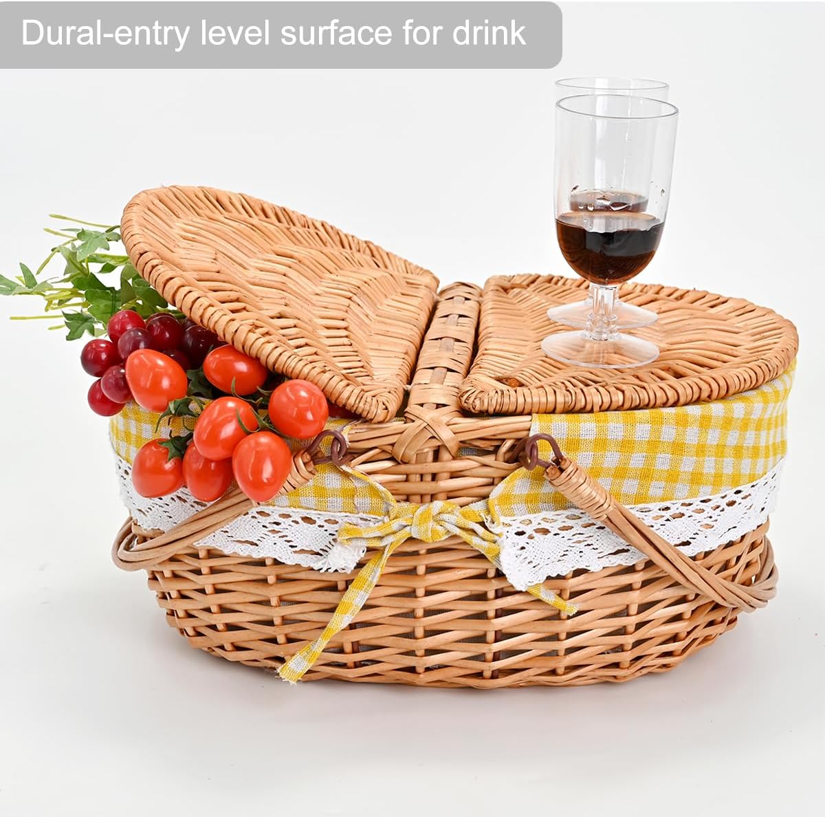 Large 15.4" Wicker Picnic Basket with Removable Liner Empty Picnic Baskets with Lid, Picnic Hamper with Foldable Handles for Picnic, Yellow Checkered, Large - Image 5