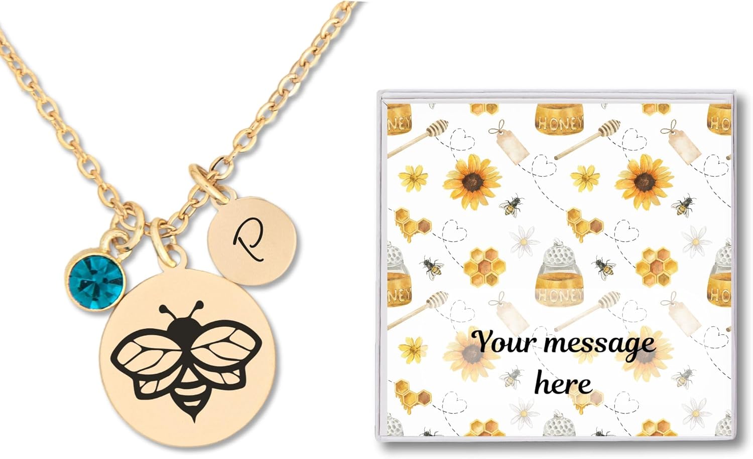 Fern & Filigree Bee Necklace, Bee Jewelry for Women, Bumblebee Pendant, Custom Necklace with Birthstone and Initial, Gold or Silver Plate, Nature Jewelry