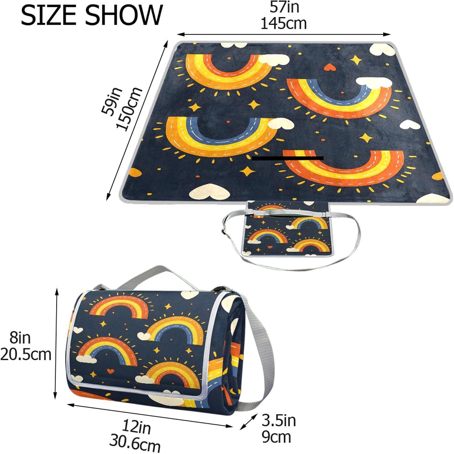 MNSRUU Picnic Blanket Waterproof Foldable, Clouds Rainbow Hearts Stars Large Outdoor Picnic Blanket Beach Blankets Camping Blanket Travel Mat, Shoulder Strap Tote, Rectangle 57x59in