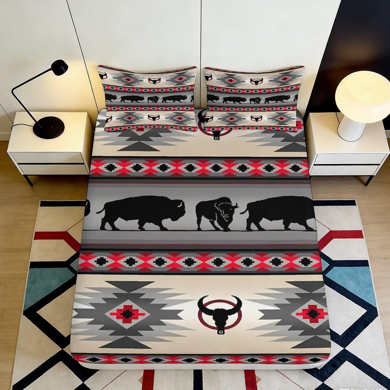 3D Printed Tribal Buffalo Fitted Sheet Microfiber Ethnic Geometric Mattress Cover for Bedroom Guest Room Decor 90x200x25cm