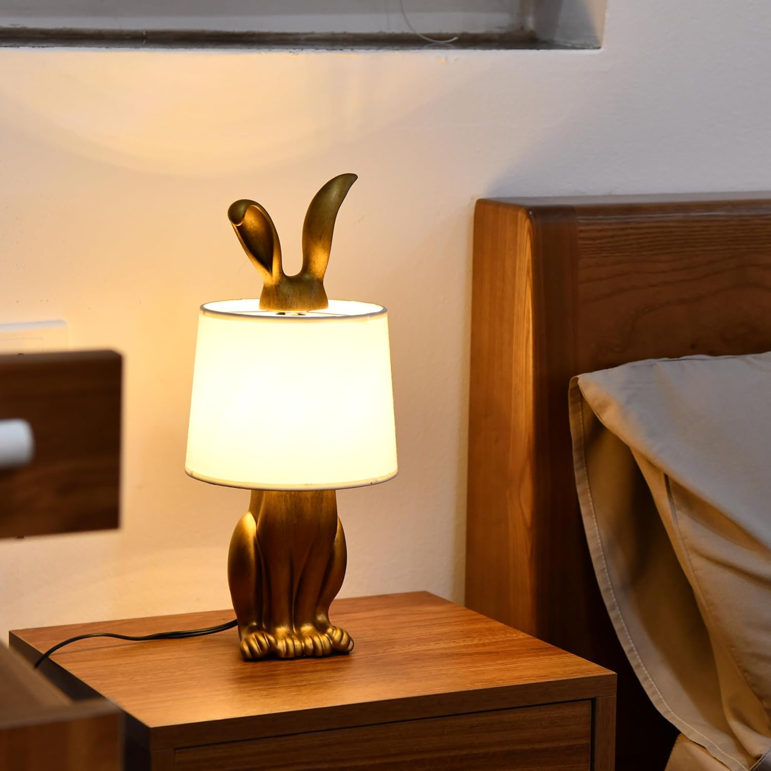 Bunny Table Lamp, Cute Animal Rabbit Lamp,Bunny Lamps,15.7" Vintage LED Desk Light with Linen Lampshade,Gold Main Part Beside Lamp for Bedroom, Study Room, Office, Nursery, Home Decor (Linen White)