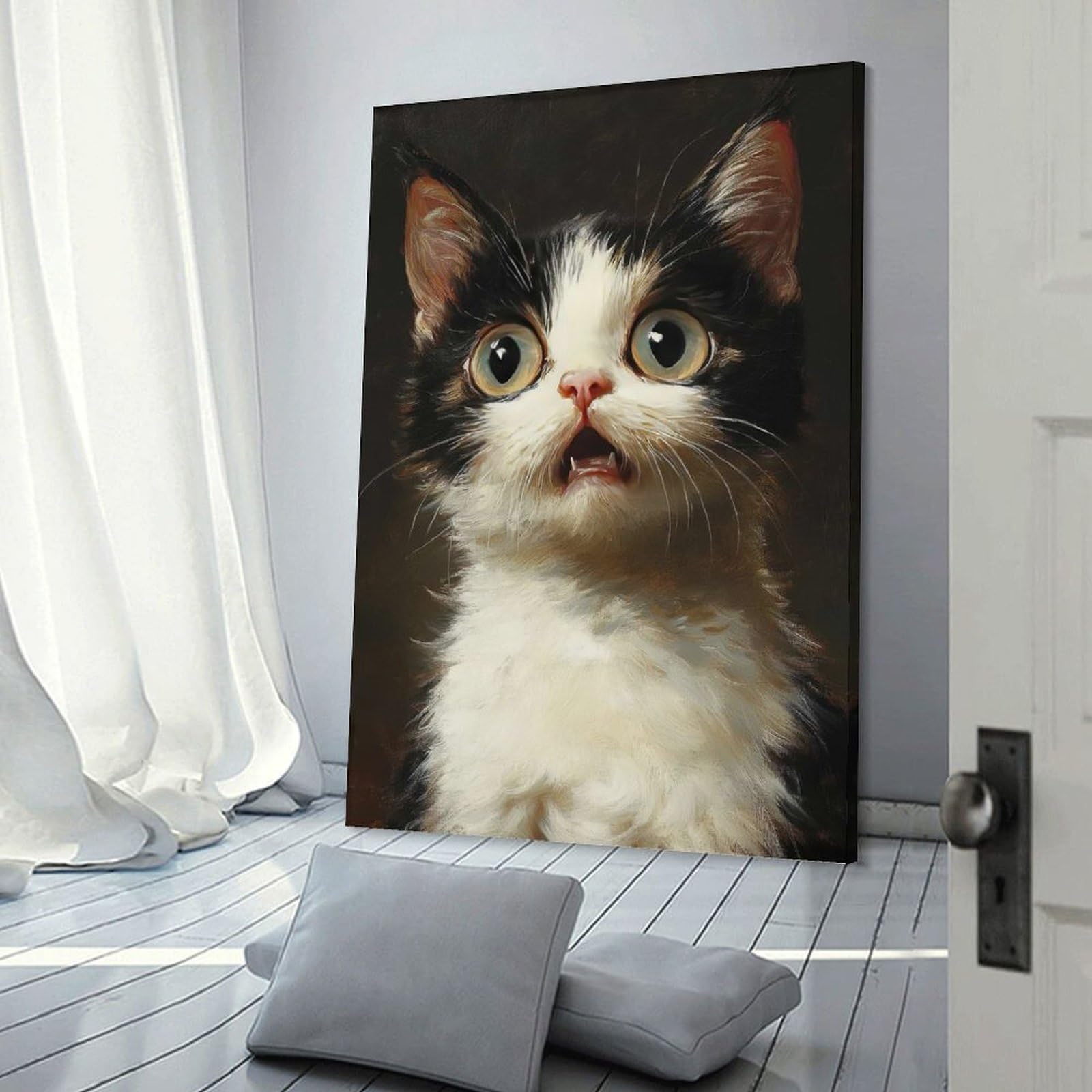 Junmoney Frame-Style-21 Surprised Kitten Portrait Wall Picture Print, 20X30inch(50X75cm), For New Homes, Bedrooms Or Workspaces, Thoughtful Wall Decor For Art Lovers