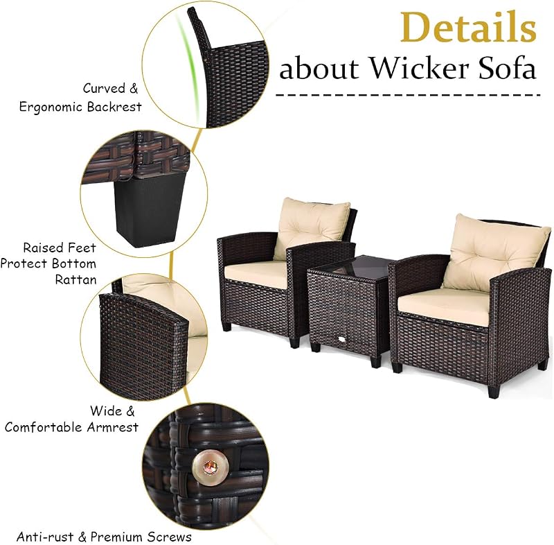 Tangkula 3 Pieces Patio Furniture Set, PE Rattan Wicker 3 Pcs Outdoor Sofa Set w/Washable Cushion and Tempered Glass Tabletop, Conversation Furniture for Garden Poolside Balcony (Beige) image 5