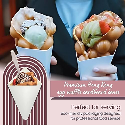 Miniatura 2 de Hong Kong Egg Waffle Conos Paquete de 100  Blanco, Cartón seguro para alimentos, resistente, conos de comida desechables para gofres, pasteles de