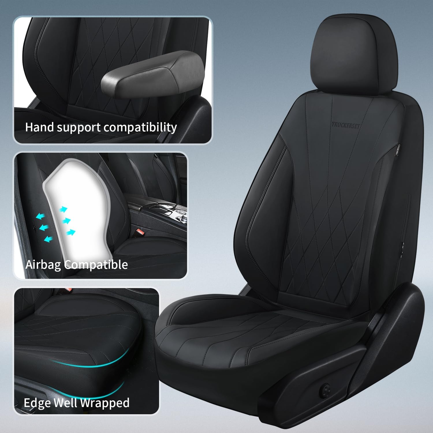 Car Seat Covers Full Set, Leather Car Seat Cushion, Ultra-Thin Breathable Materials, Suitable for Most Car SUV/Truck/Sedan/Automotive (All Black, Five-Piece)