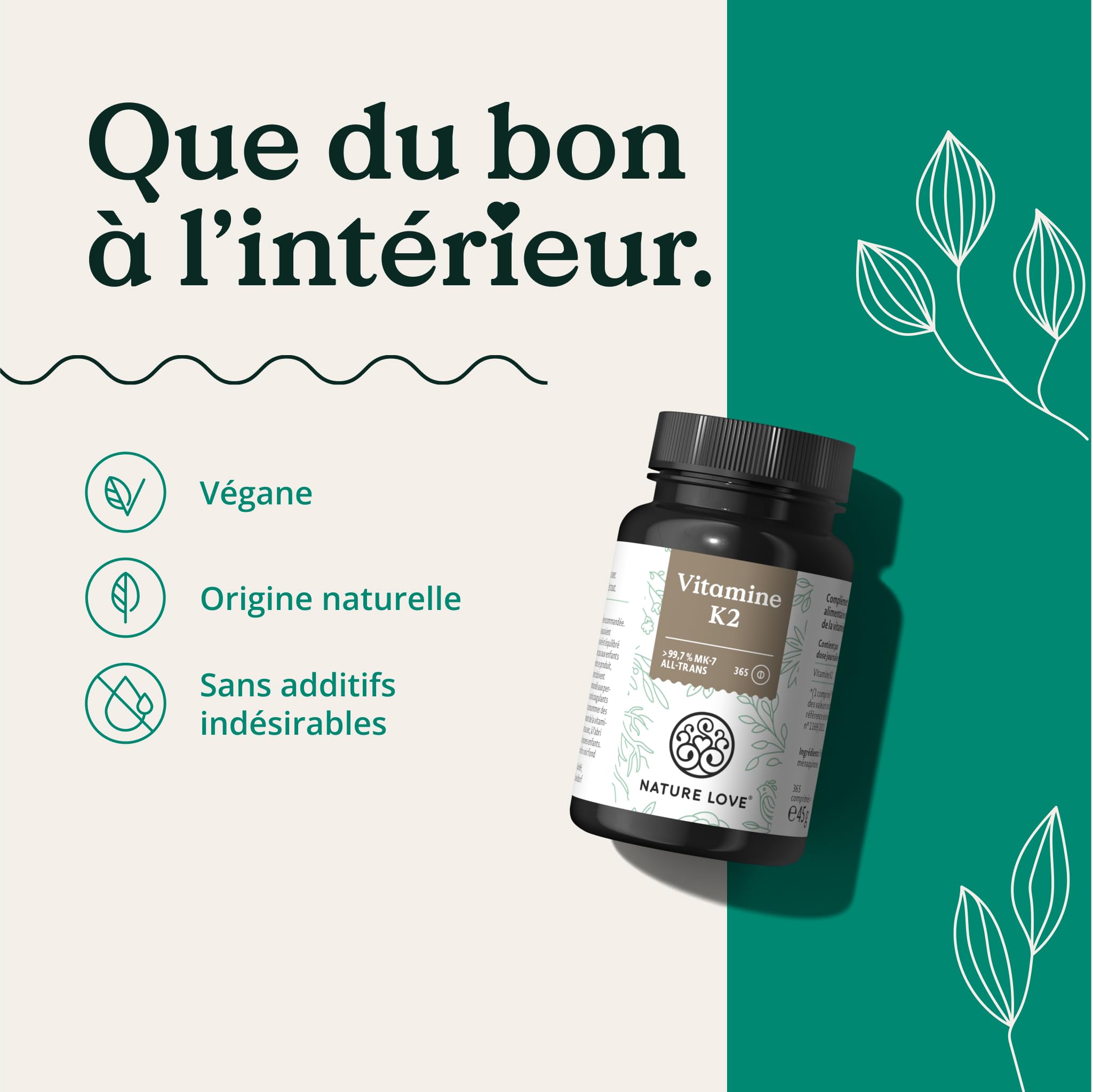 NATURE LOVE® Vitamine K2 MK7-365 comprimés - 100µg par comprimé - ménaquinone MK-7 à teneur all-trans > 99,7% - hautement dosé, végane, contrôlé en laboratoire et produit en Allemagne