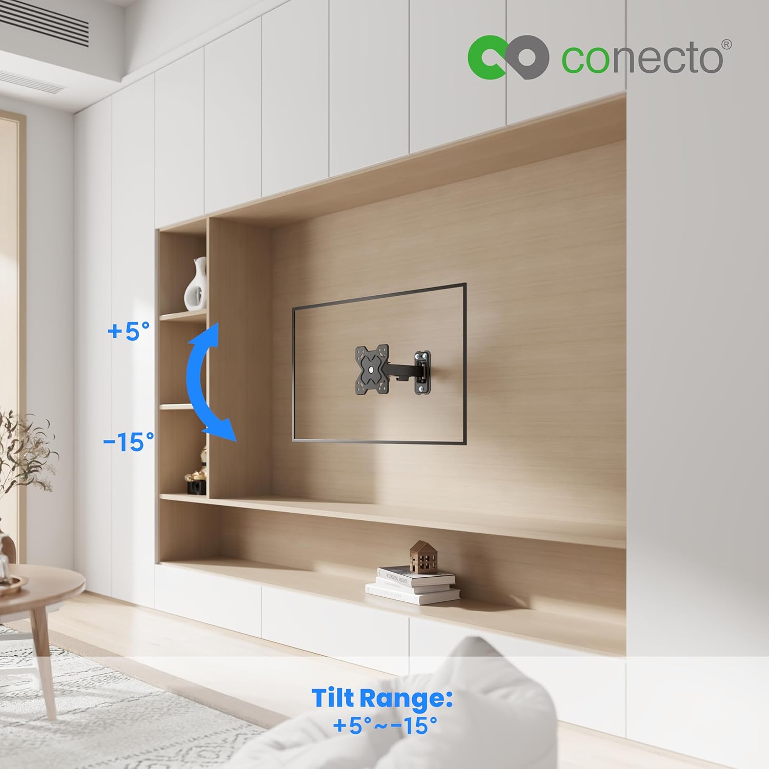 Image showing a TV mounted on the wall, with arrows indicating a tilt range of +5 degrees upwards and -15 degrees downwards.