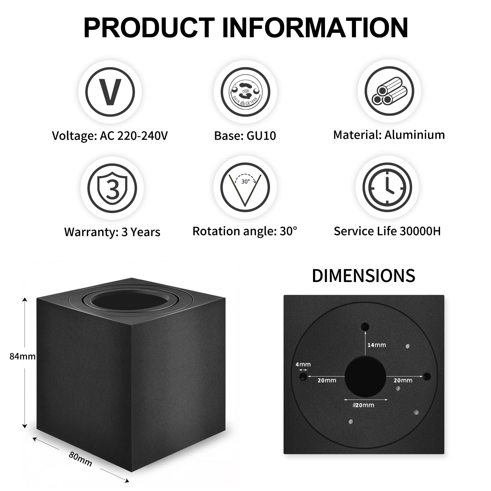 GeyouLux GU10 Aufbauspot Schwarz 80x84mm Eckig 30° Schwenkbar 230V Aluminium 4 Stück