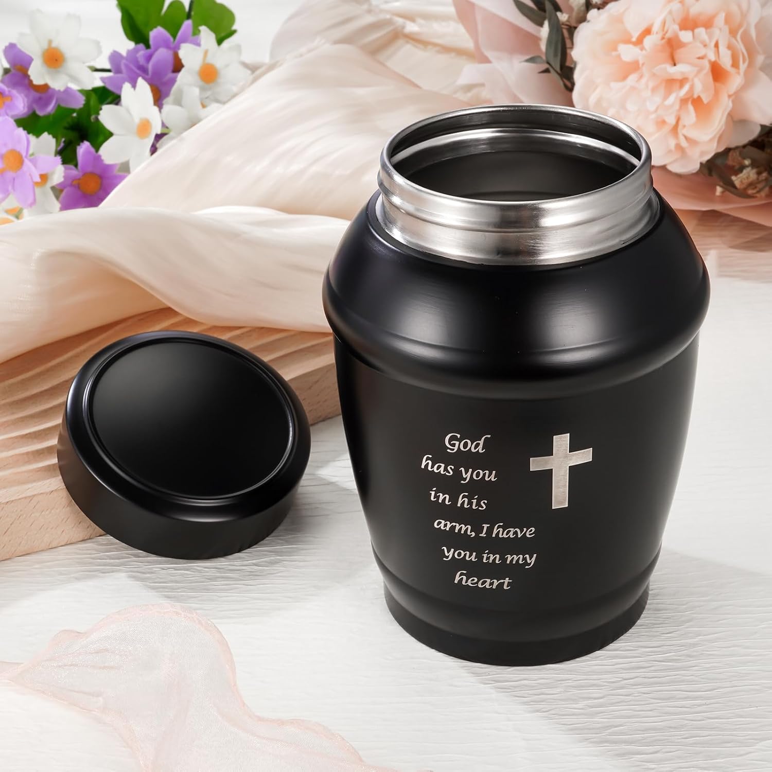 SOITIS Engraving Urns for Human Ashes - 5.5 Inches Black Cross Stainless Steel Urn for Ashes Keepsake, Cremation Urns Memorial Holder, Funeral Decorative Urn for Women Men