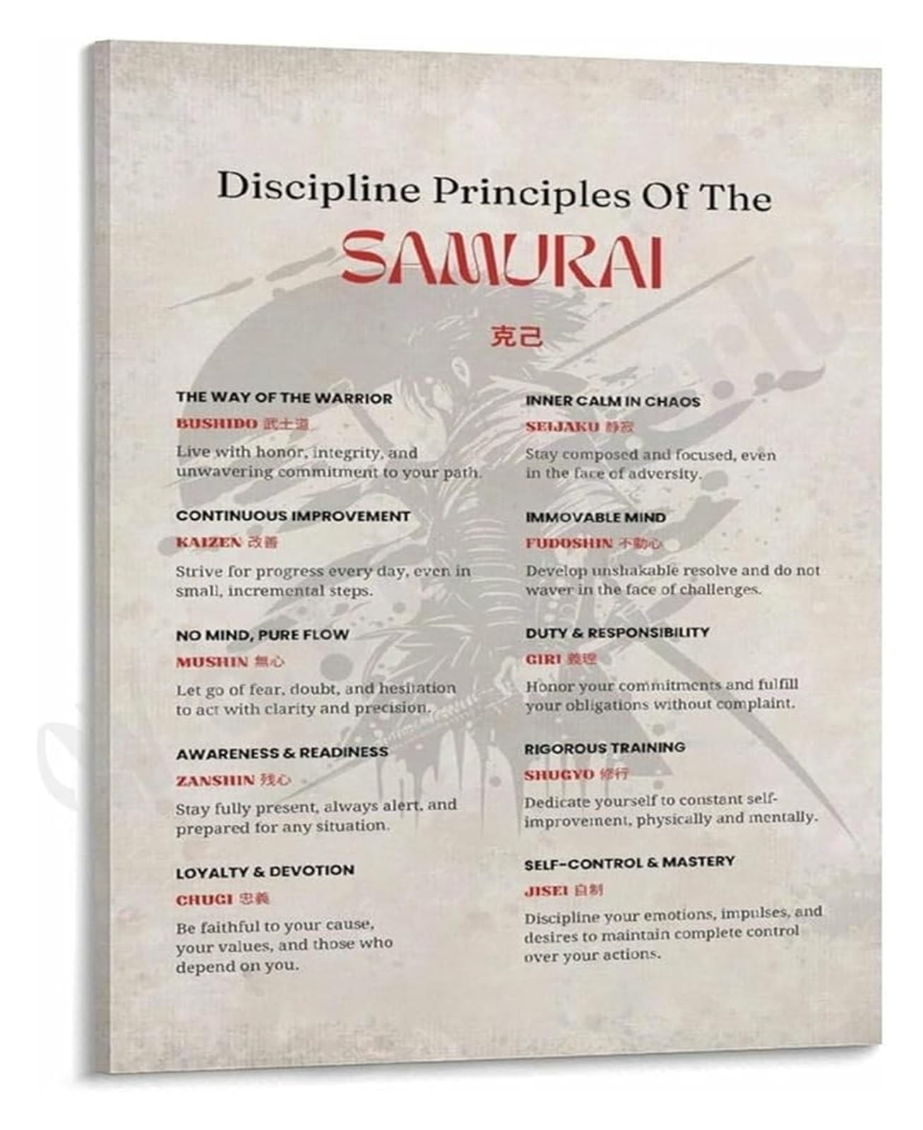 LLBOGRGGN Philosophy Poster Samurai Discipline Quotes Wall-Art for Focus and Motivation Home Office Gym Living Room Decor(Framed,08x12inch(20x30cm))