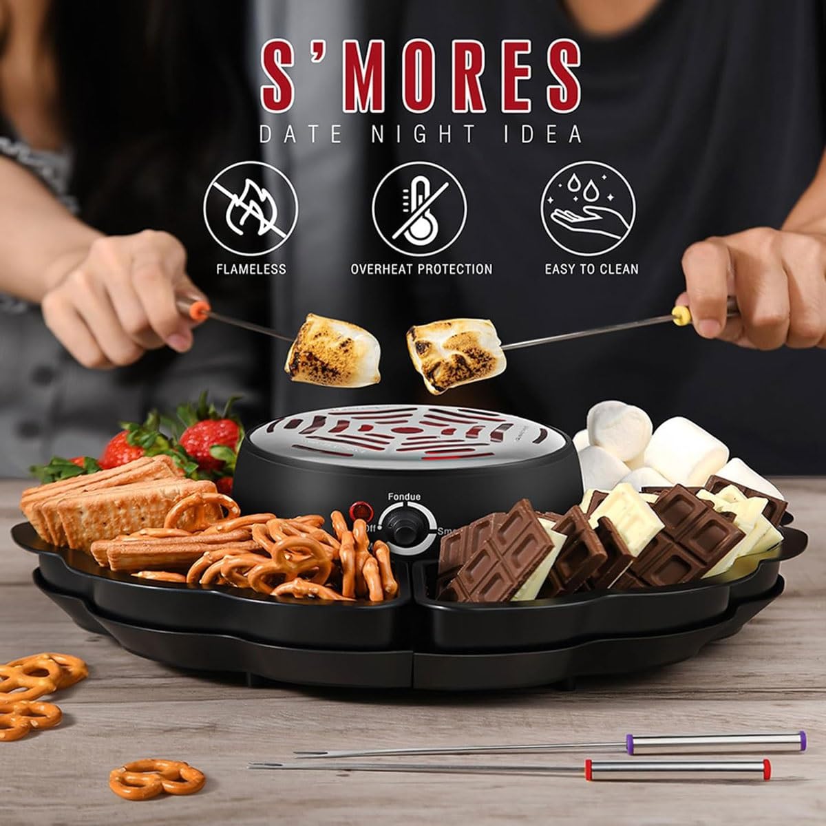 Máquina eléctrica for Hacer S'Mores y Olla for Fondue, Kit 2 en 1 for tostar malvaviscos con 4 Tenedores for Asar, 4 bandejas Desmontables y 1 Calentador sin Llama con Control de Temperatura