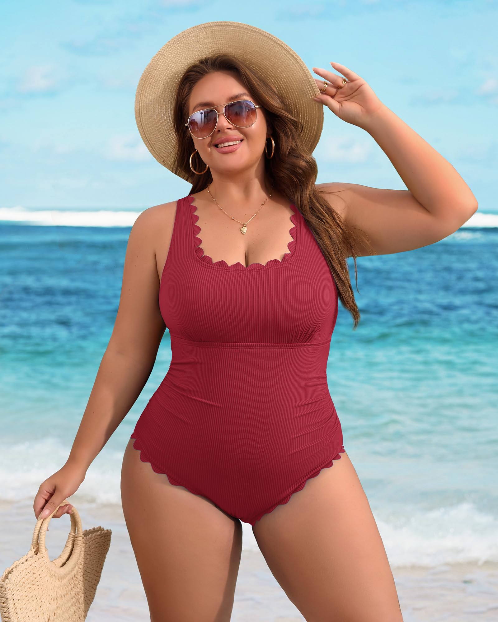 Charmo Plus Size Swimsuit for Women 2025 Tummy Control Scalloped Ribbed One Piece Swimsuits Ruched Modest Bathing Suit