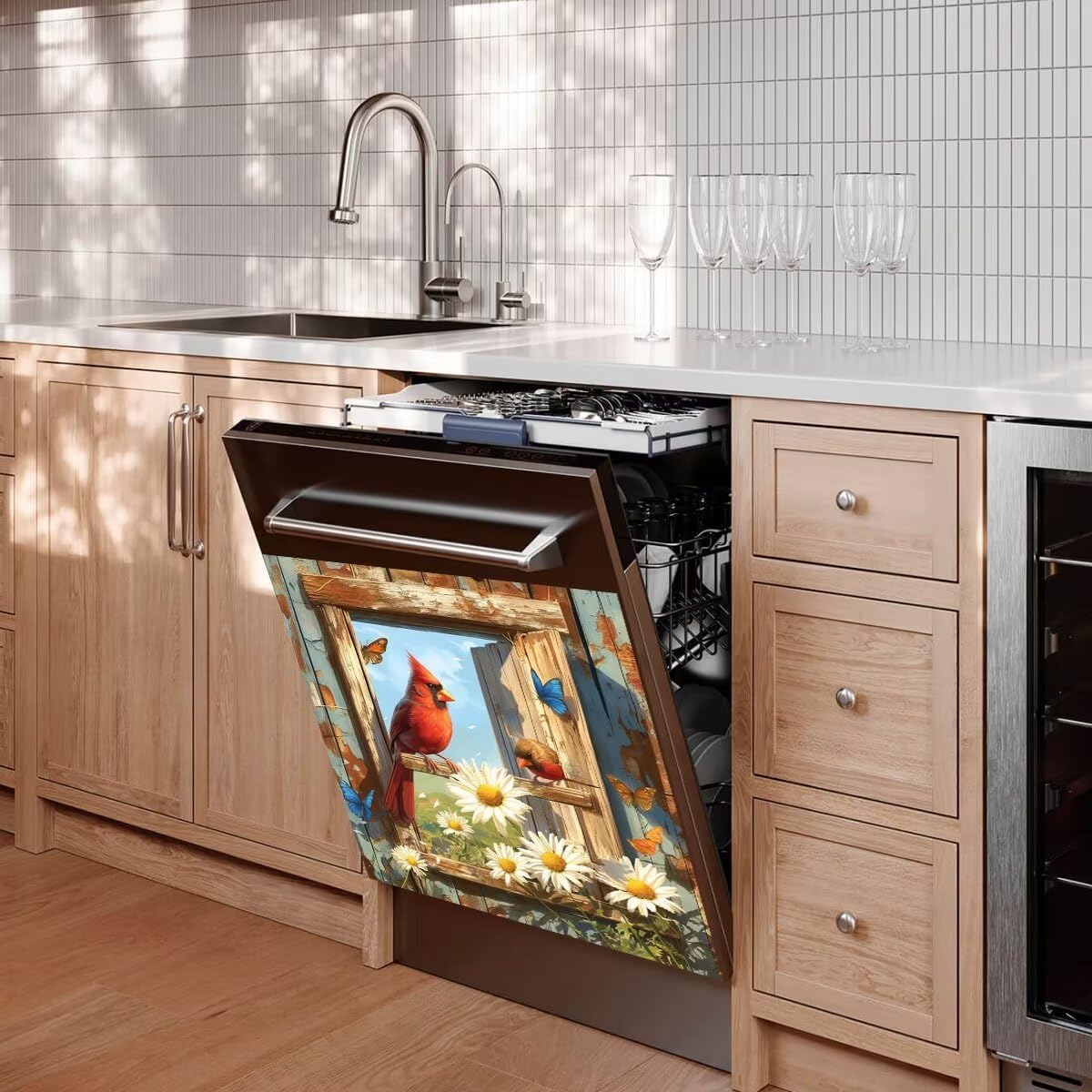 Generic Reusable Flowers Bird Magnetic Dishwasher Cover,Decal for Front Panel,Dishwasher Magnet Cover, Appliance Wrap Skin 23 * 26 Inch, Birds Flowers2