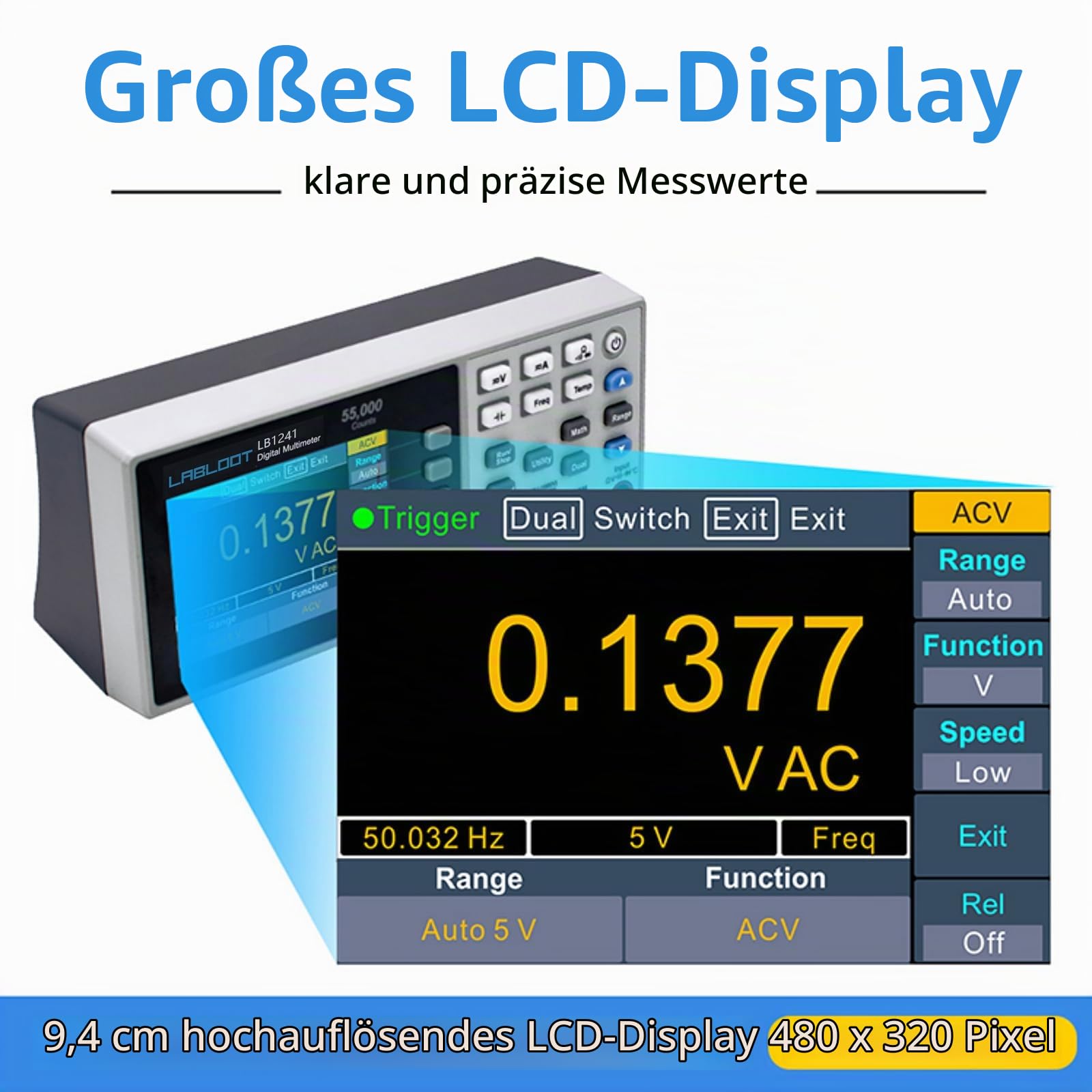 LB1241 Mini-Akku-Tisch-Digitalmultimeter, 3,7-Zoll-LCD-Desktop-Digitalmultimeter True RMS-Temperaturtester