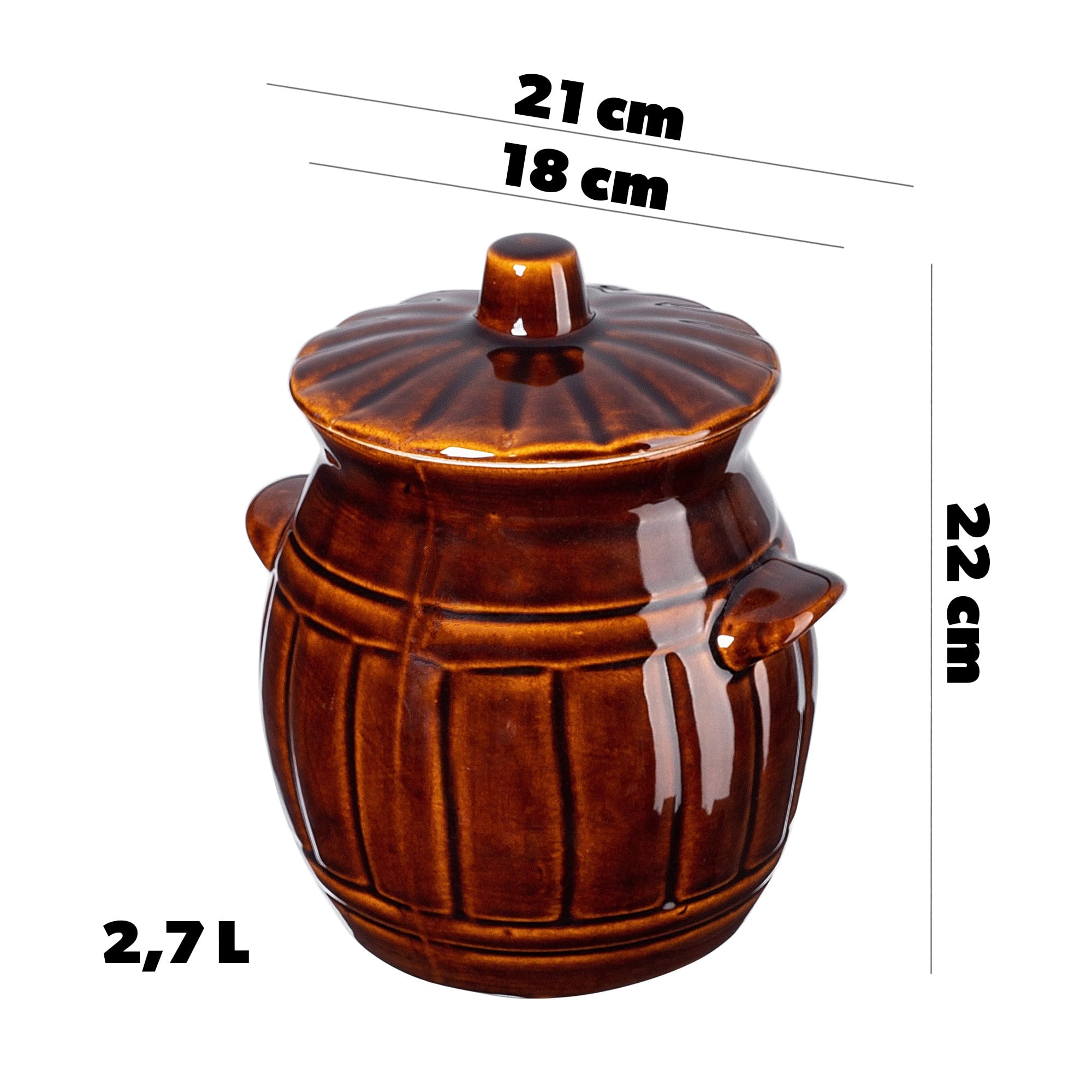 KADAX Steinzeugtopf, Keramiktopf mit Griffen und Deckel, Spülmaschinenfester Steinguttopf, handgemachter Gärtopf aus Keramik, Einlegtopf für Gurken und Sauerkraut (2.7L)