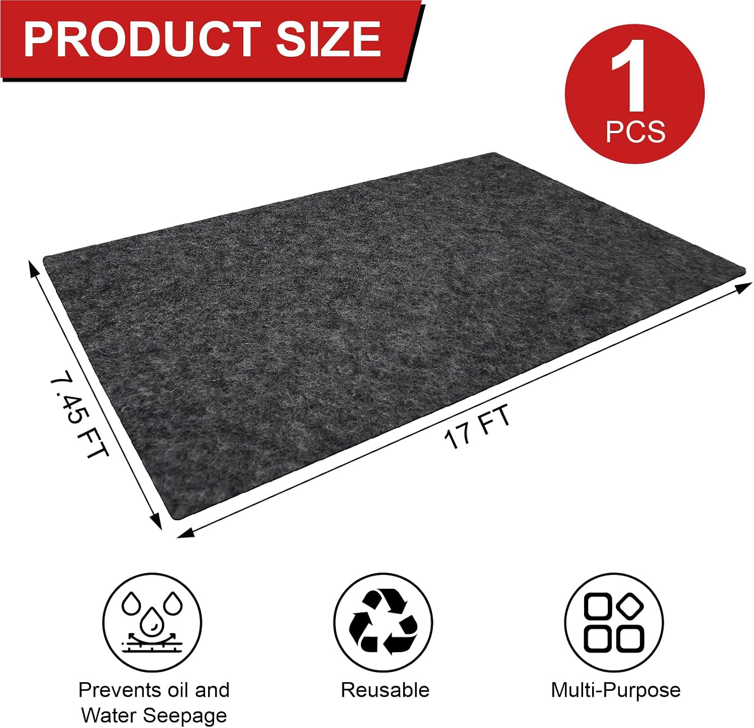 17' x 7.45' Garage Floor Mat for Under Car, Heavy-Duty Oil Spill Mat, Waterproof & Absorbent Garage Flooring, Non-Slip Protective Pad for Garage & Shop, Reusable & Washable with Adhesive Tape