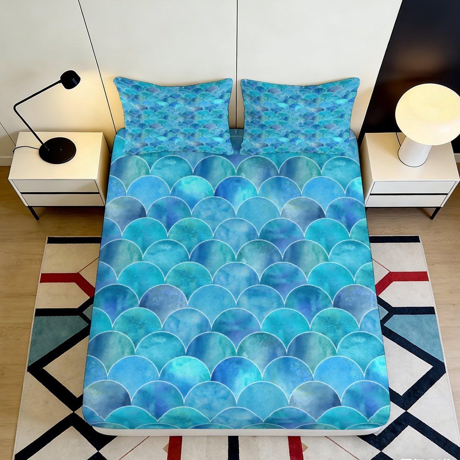 3D Printed Ocean Scale Fitted Sheet Microfiber Deep Pocket Non-Slip Bedding Set Blue Ocean Mattress Fitted Cover for Bedroom 200x200x25cm 90x200x25cm