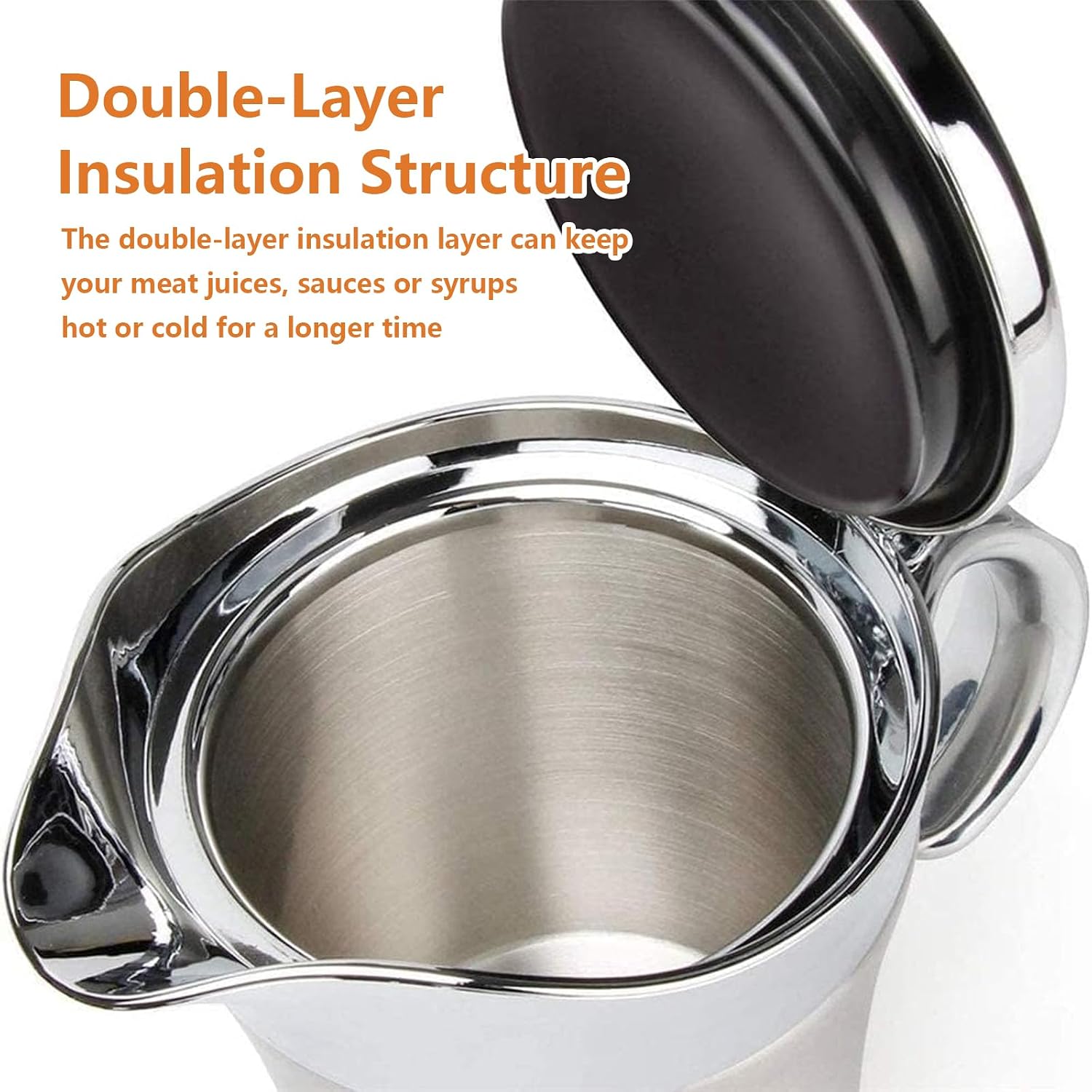 450ml Stainless Steel Sauce Jug, Anti Leakage Stainless Steel Insulated Gravy Boat with Hinged Lid, Double Insulated Gravy Pitcher for Tomato Sauce, Mustard, Cream, Milk