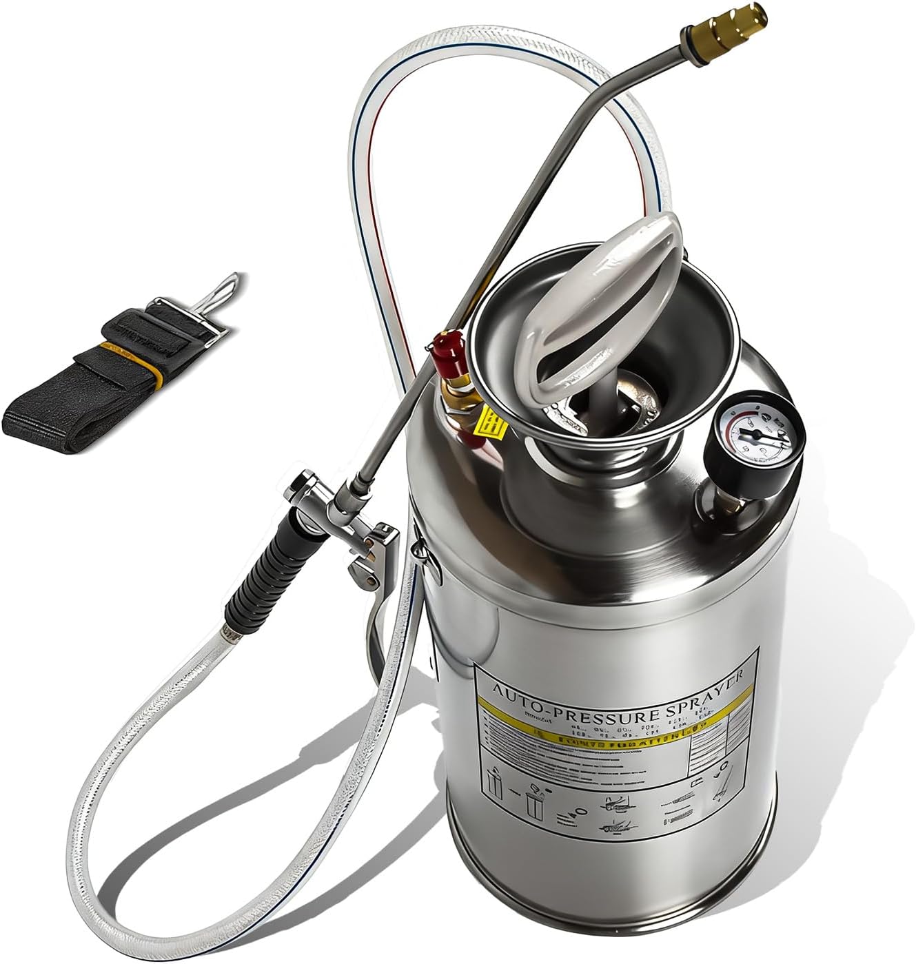 1.5 Gallon Heavy Duty Stainless Steel Sprayer 8L Total/6L Working Volume, 16in Wand, 3FT Hose, Adjustable Nozzle, Hand Pump Sprayer with Pressure Gauge, Silver, for Gardening, Lawn, Industry, Home