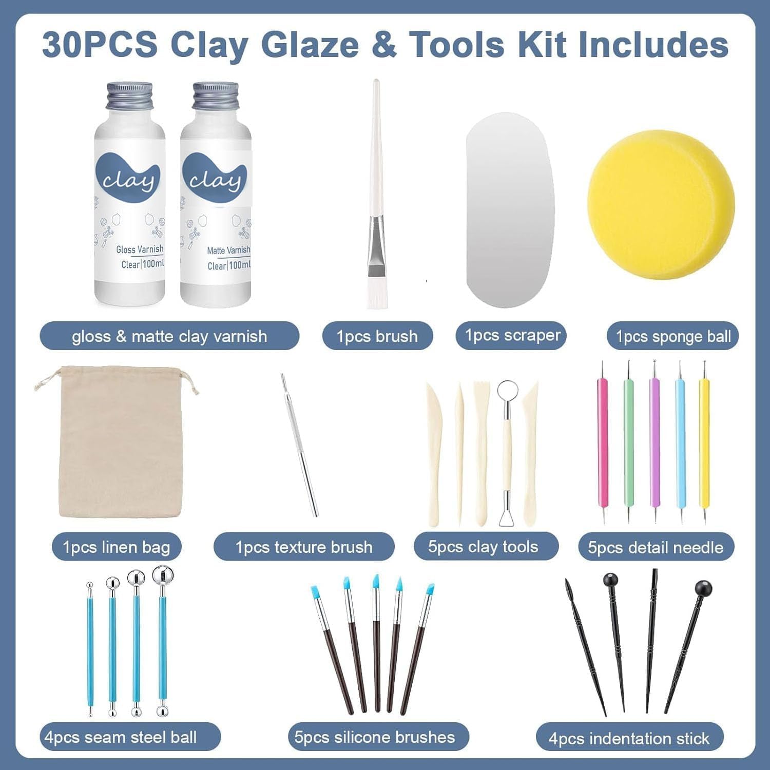 1DFAUL 30Pcs Air Dry Clay Varnish with Sculpting Tools Kit, 2 x 100ml Gloss Matte Clay Glaze for High Luster Scratch Resistant, Waterproof, Pottery Tool kit to Sculpting, Modeling, Shaping