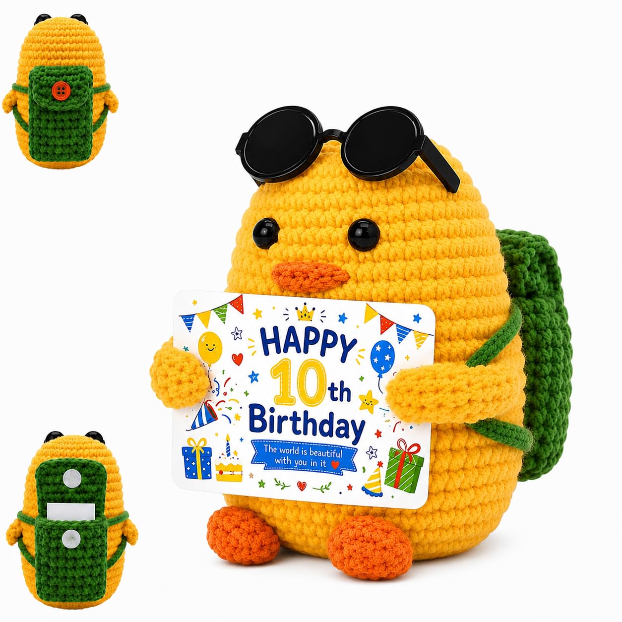 VORTAZEN 10th Birthday Gifts for Girls Boys Handmade Crochet Duck with Sunglasses and Mini Backpack Cute Personalised Message Gift for Kids Girls Boys