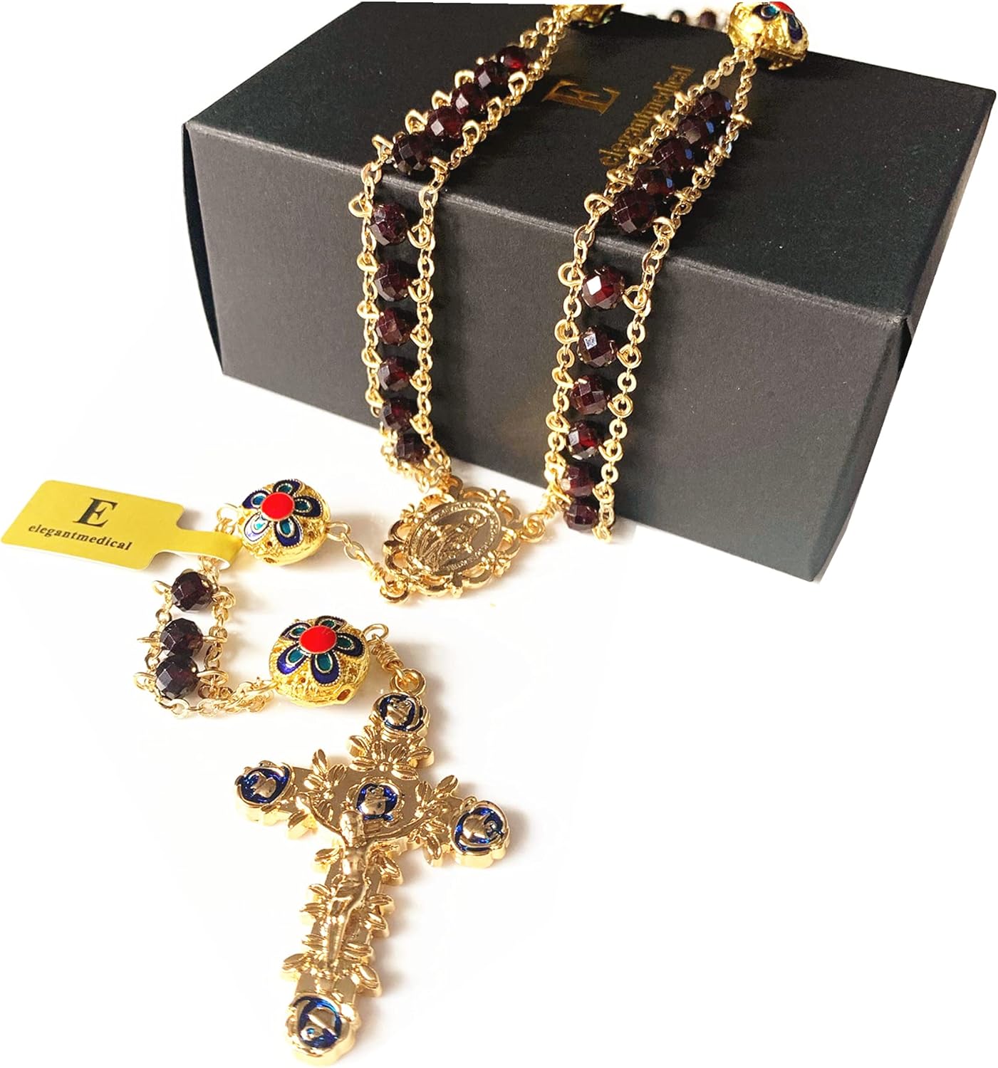 elegantmedical handmade Gold Ladder to Heaven Garnet Beads Catholic Rosary crucifix Necklace box - Image 9
