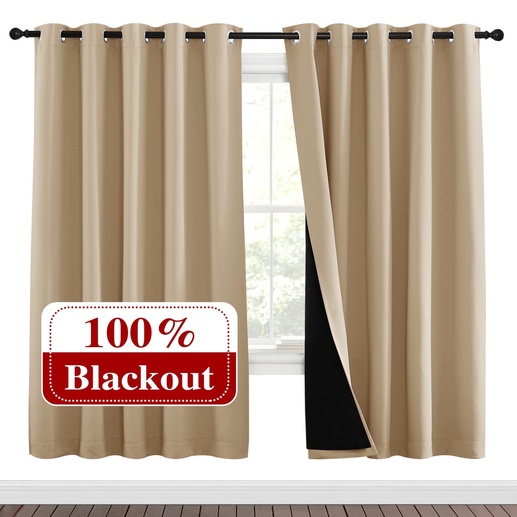 NICETOWN Living Room Completely Shaded Draperies, Privacy Protection &amp; Noise Reducing Ring Top Drapes, Black Lined Insulated Window Treatment Curtain Panels(Biscotti Beige, 2 Pieces, W70 x L72)