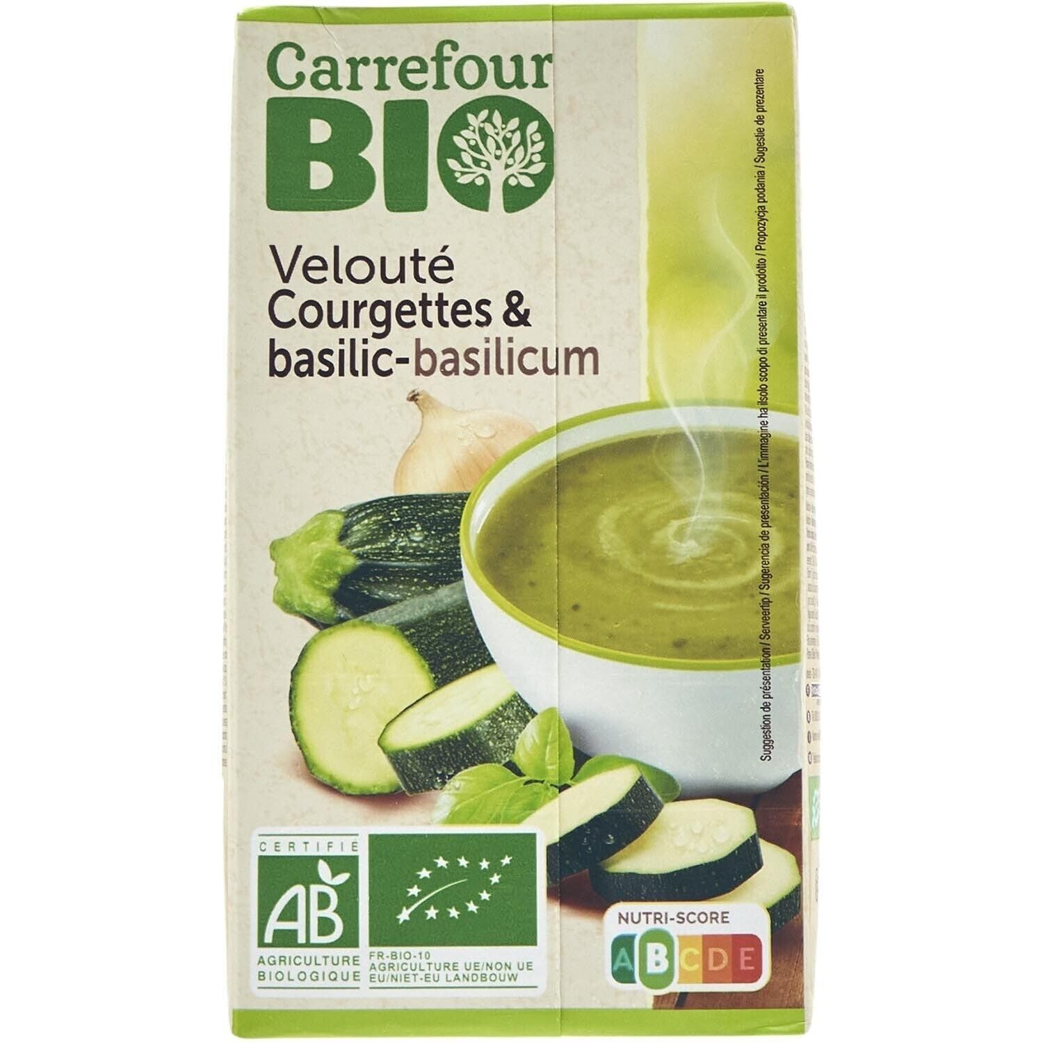 Un repas végétal prêt en minutes — Soupe Velouté Courgettes Basilic CARREFOUR BIO — Format 1L pratique - Lot de 3