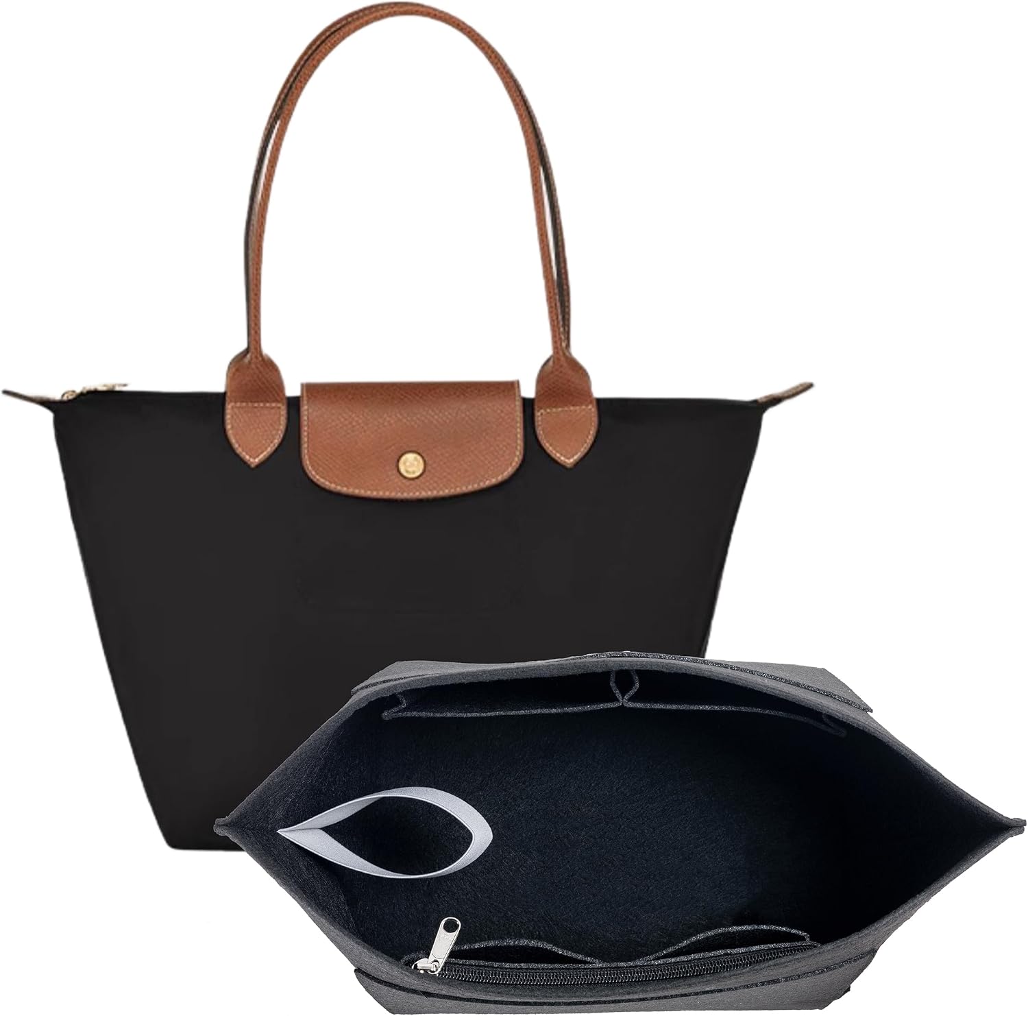 Purse Organizer Insert Compatible with Longchamp Le Pliage Original Tote, Lightweight Handbag Insert with Cup Holder and Zipper Pocket, Black Medium