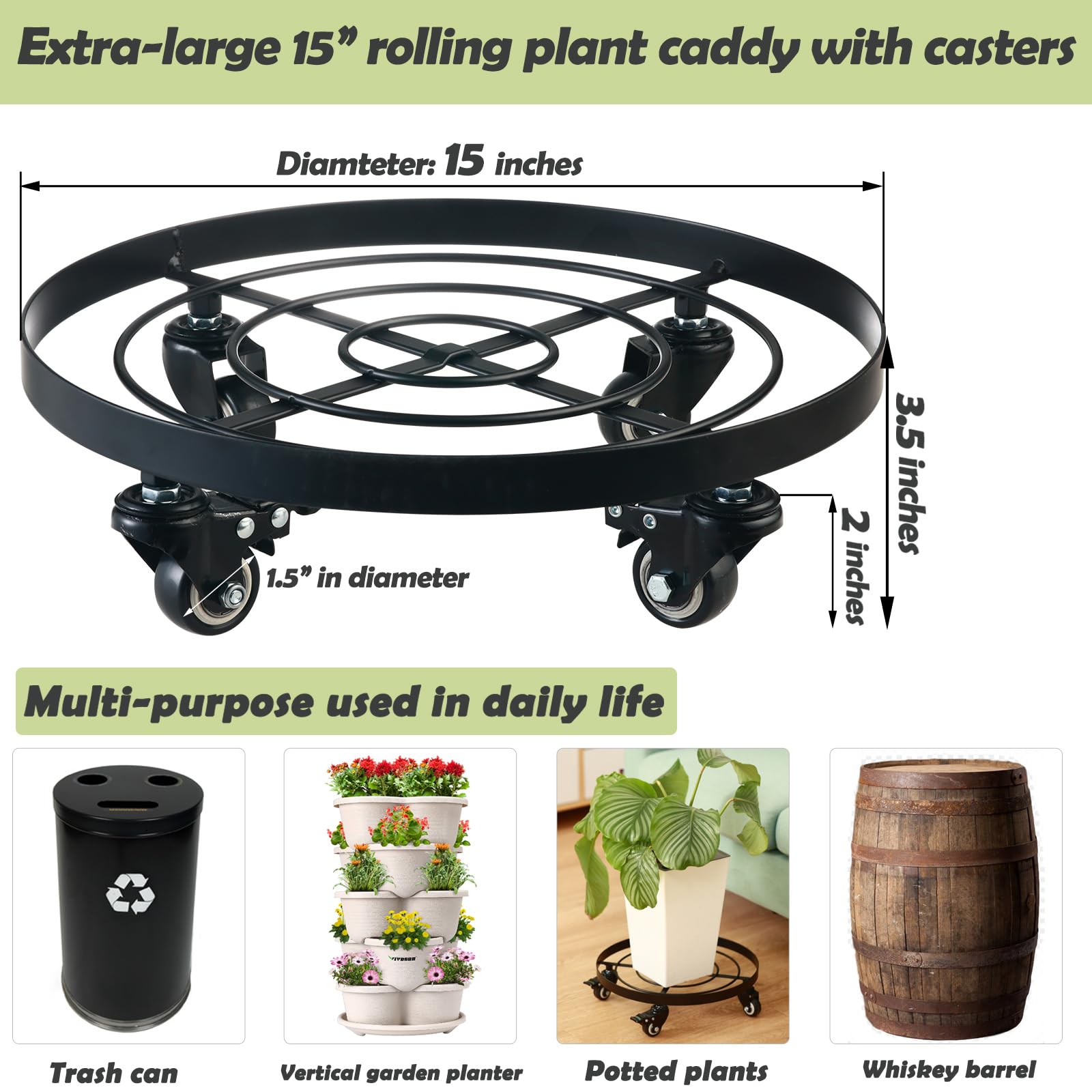 2 Packs 15" Extra-large Metal Plant Caddy with Metal PU Wheels Wrought Iron Rolling Plant Stands Heavy-duty Plant Roller Pot Movers Indoor and Outdoor Plant Dolly with Casters, Strong Load Capacity