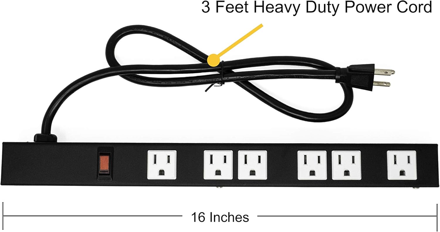 OT16063 Heavy Duty Metal Surge Protector Power Strip with Mounting Parts 6 White Outlets 3 Feet Power Cord