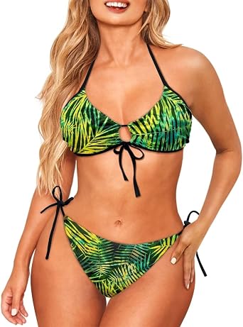 Biyejit Women String Bikini Sets Hollow Out Tie Front Swimwear Straps Brazilian Cheeky Bathing Suit Sexy Thong Swimsuit